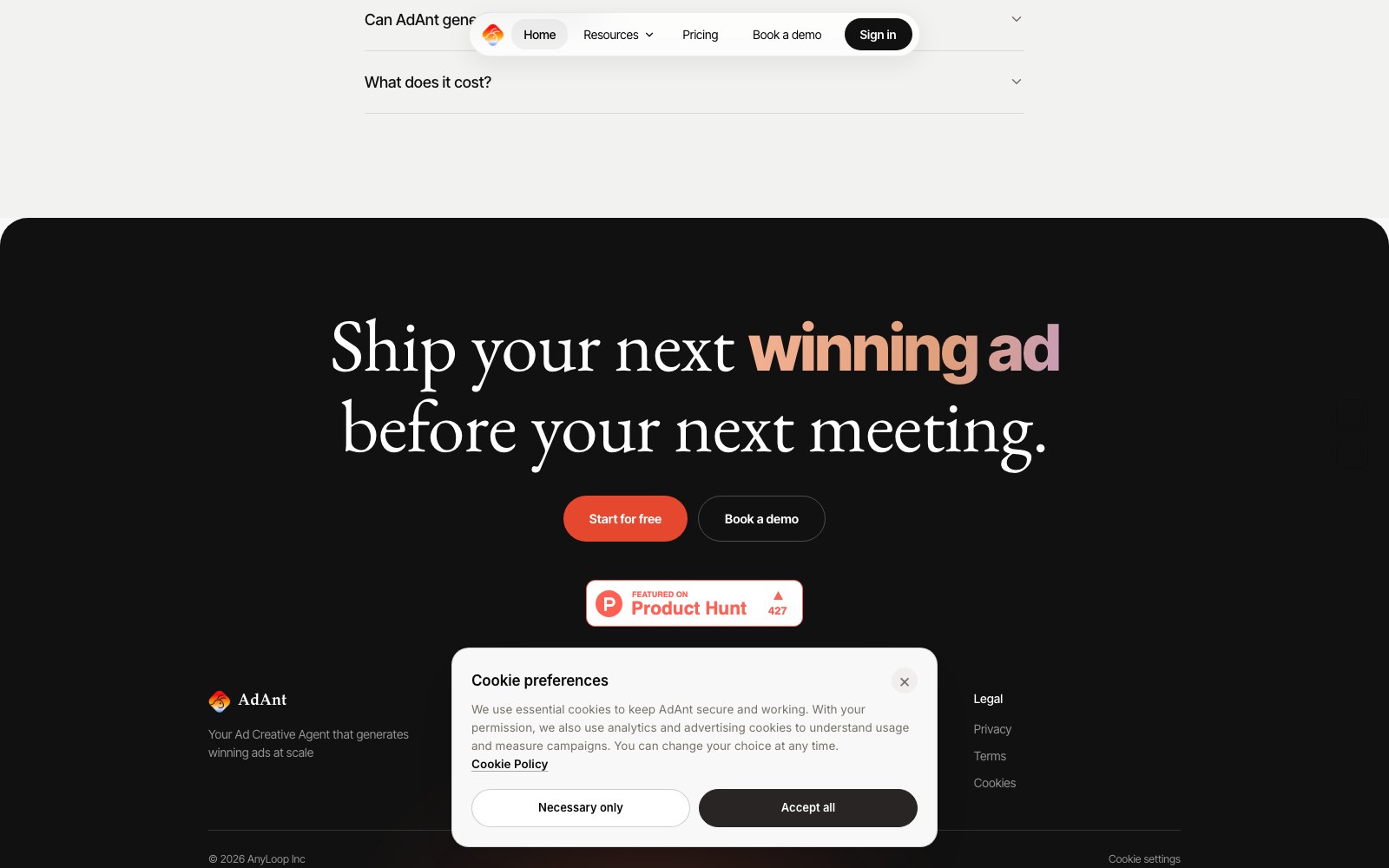 AdAnt AI homepage screenshot