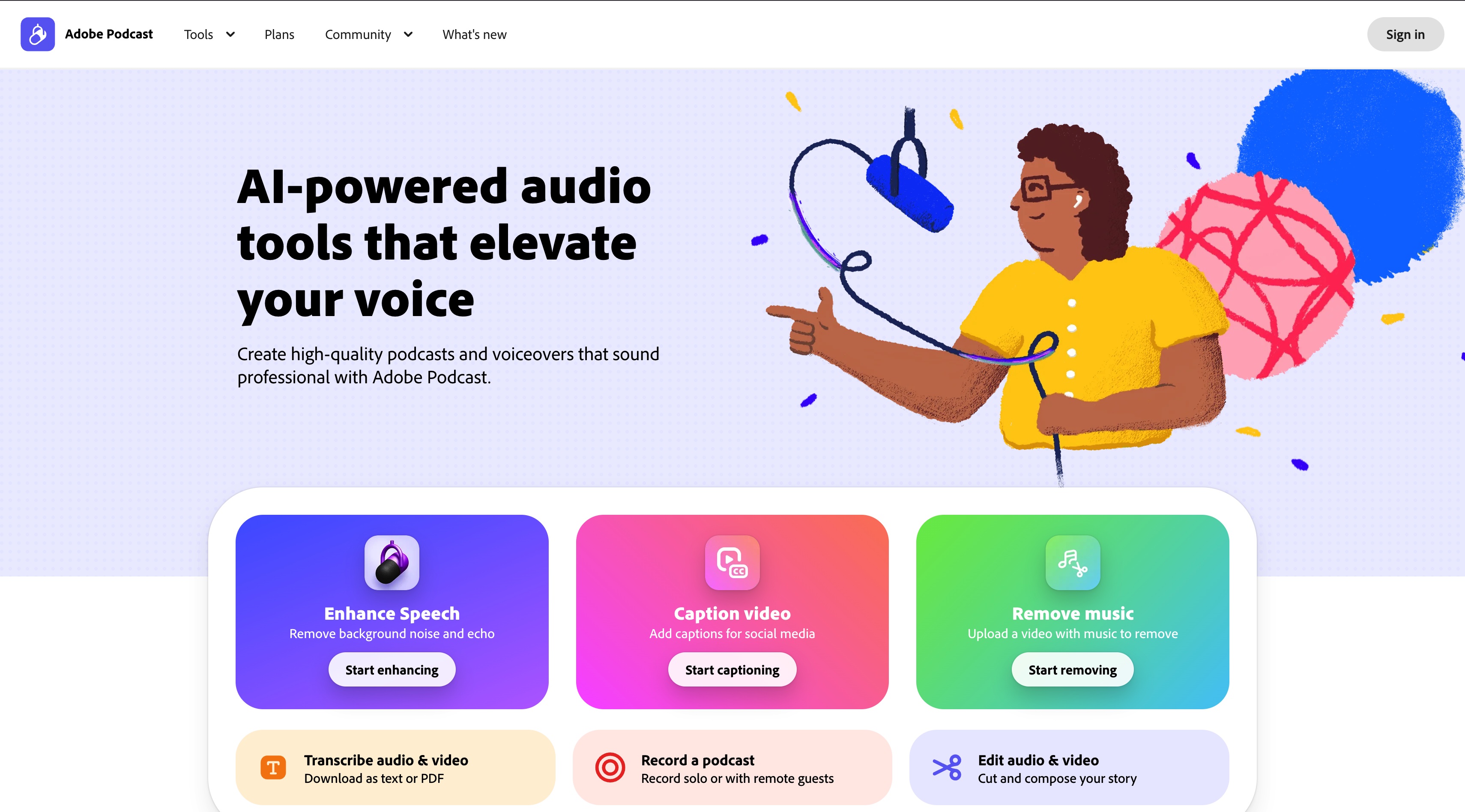Adobe Podcast homepage screenshot