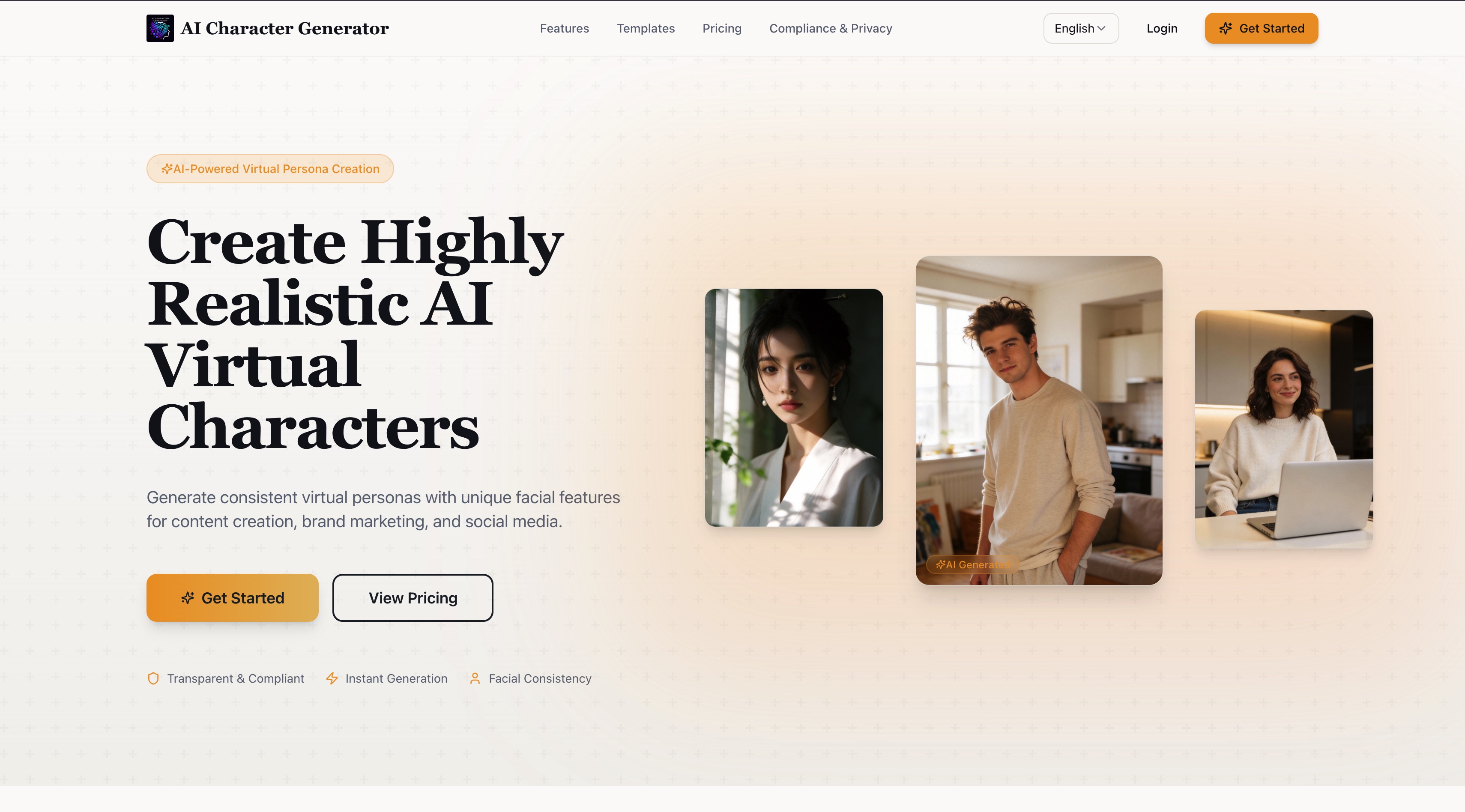 AI Character Generator homepage screenshot