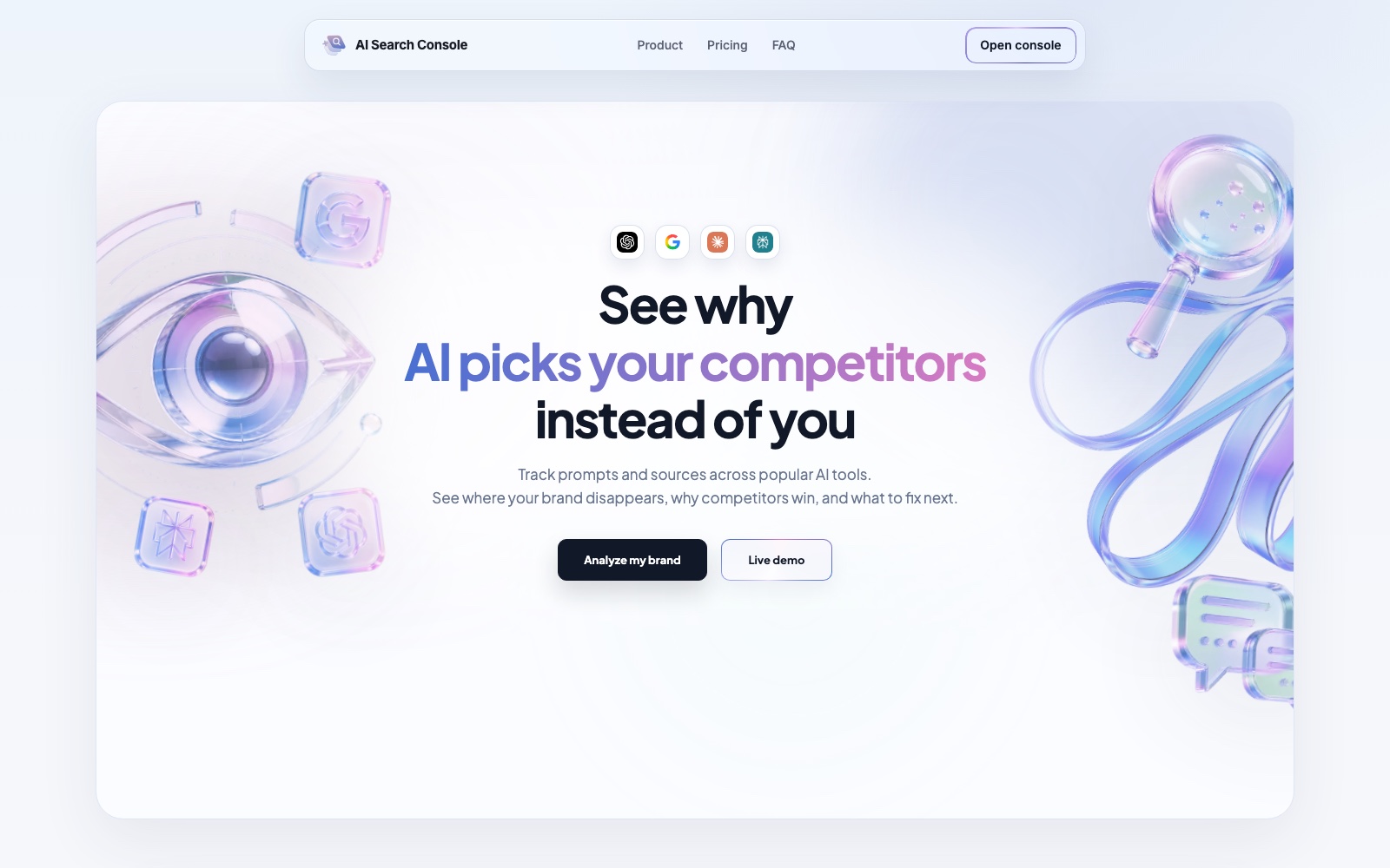 AI Search Console homepage screenshot