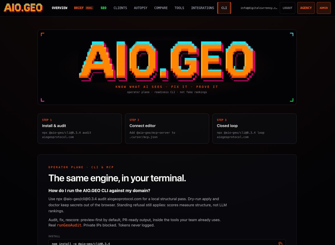 AIO.GEO Protocol homepage screenshot
