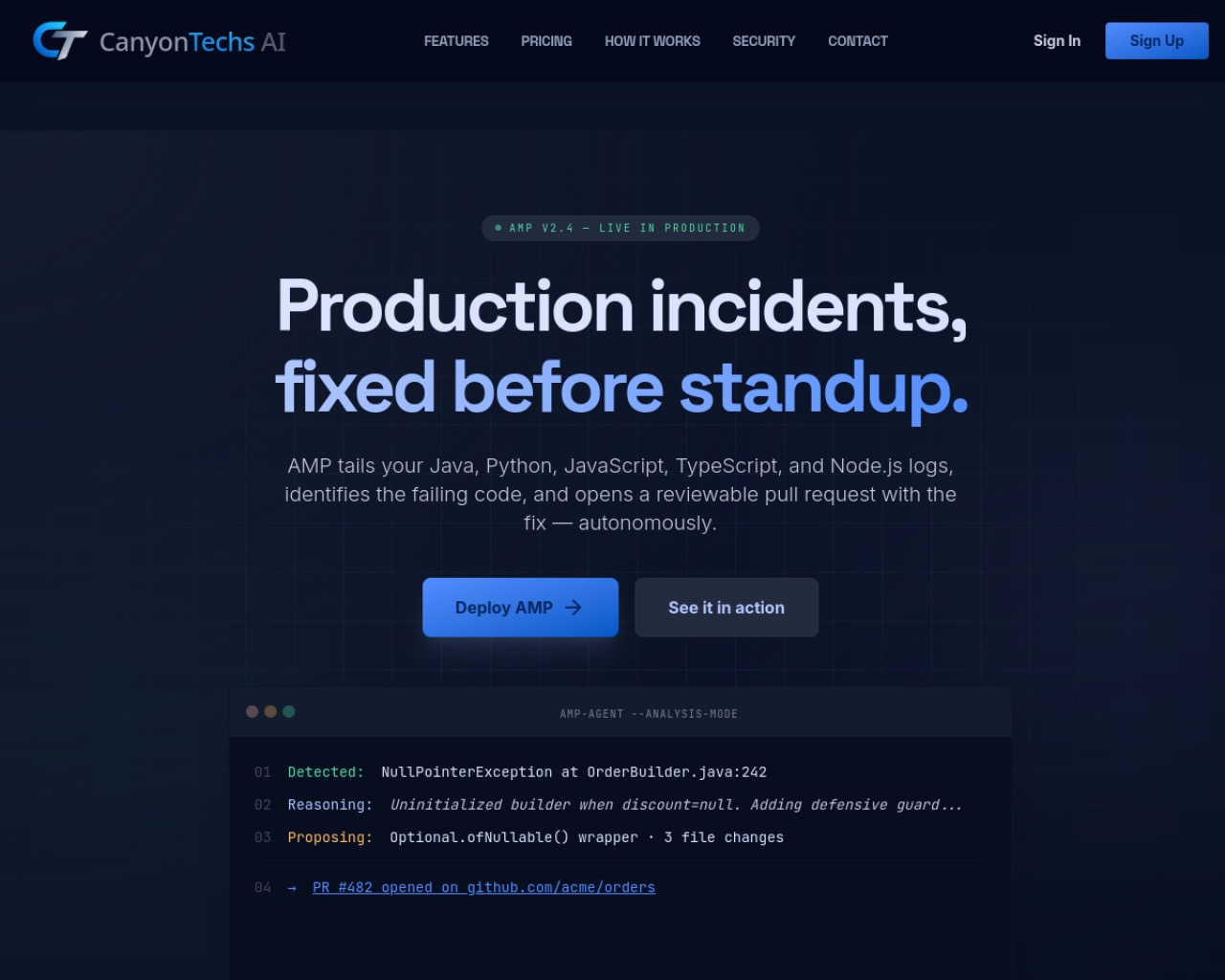 AMP by CanyonTechs AI homepage screenshot