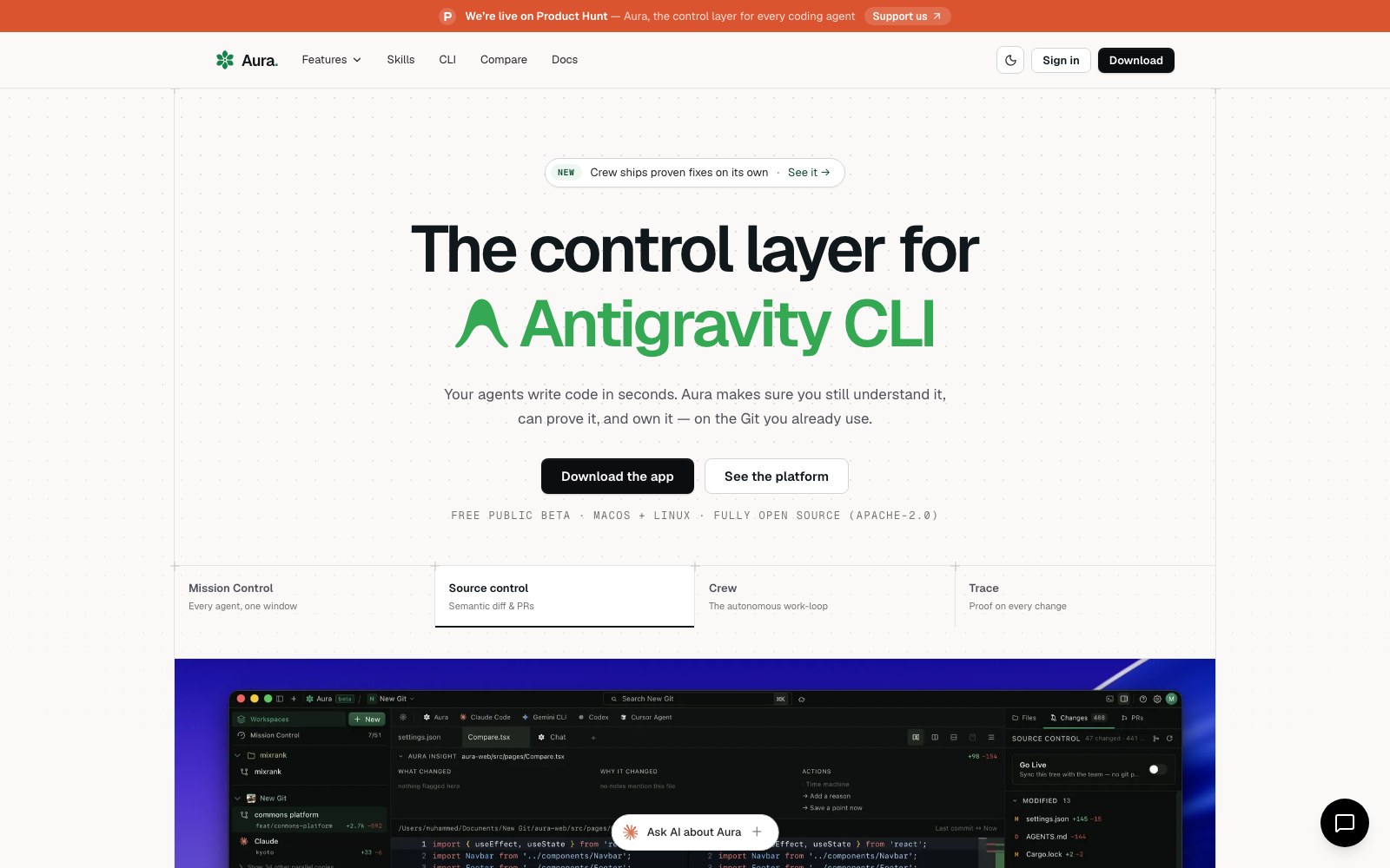 Aura: Agents + Git + Intent IDE homepage screenshot