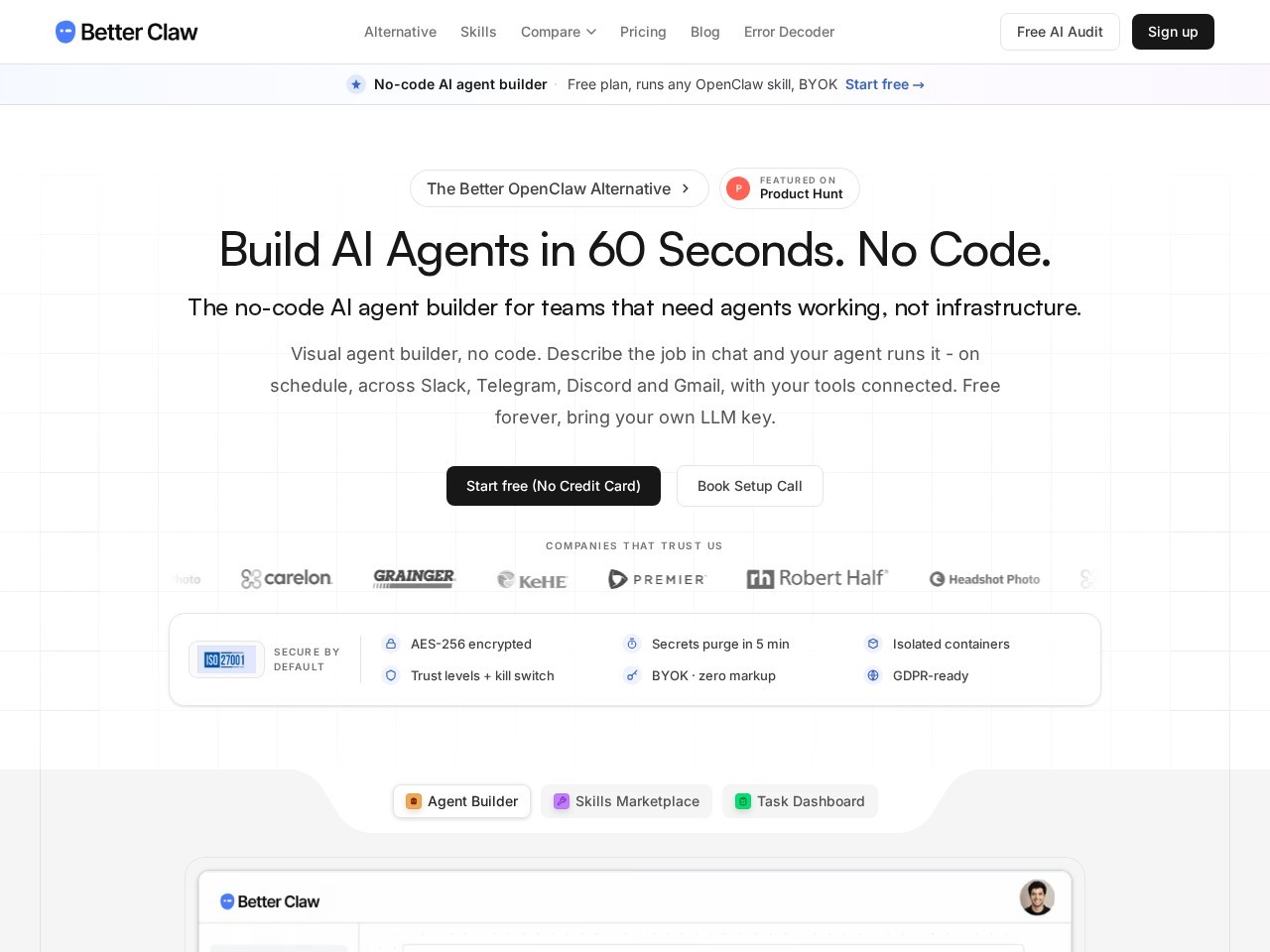 BetterClaw homepage screenshot