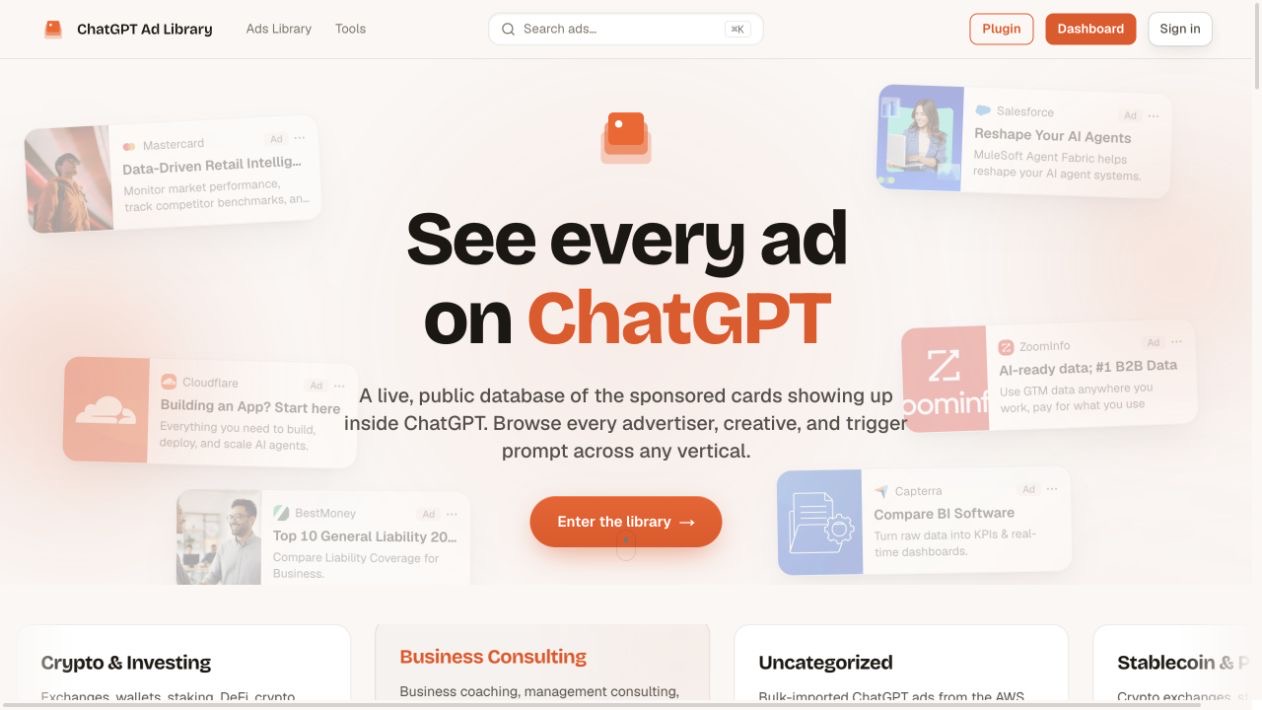 ChatGPT Ad Library homepage screenshot
