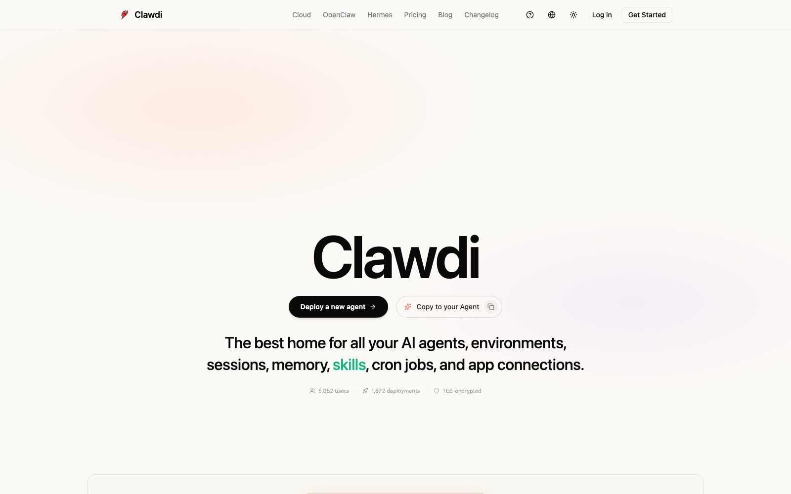 Clawdi homepage screenshot