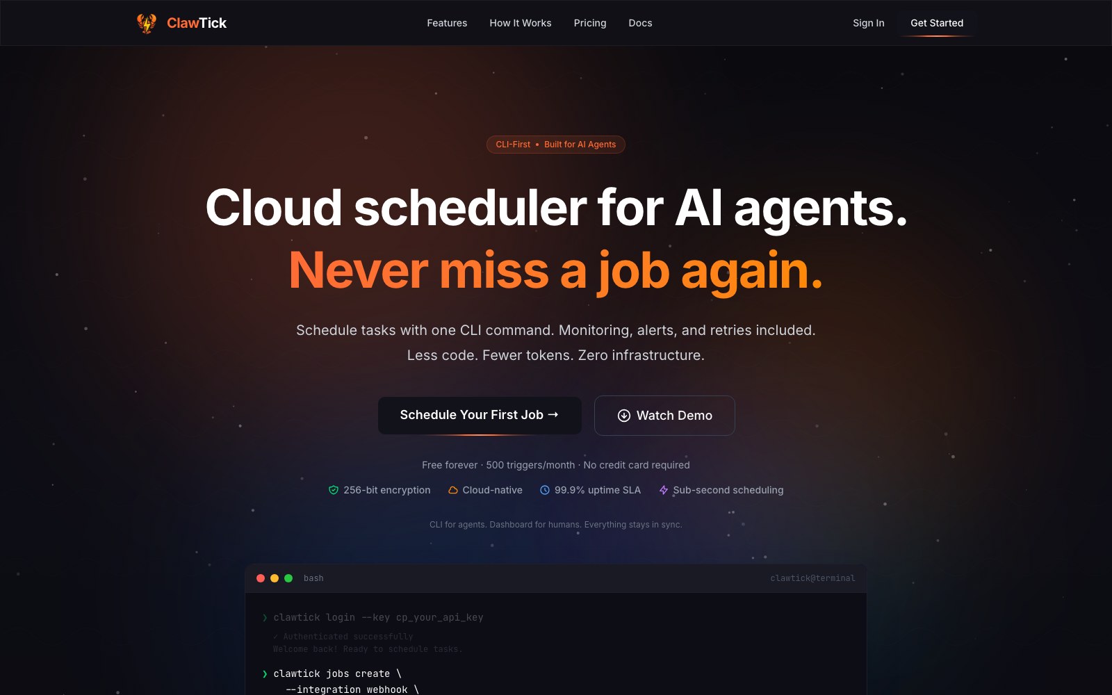ClawTick homepage screenshot