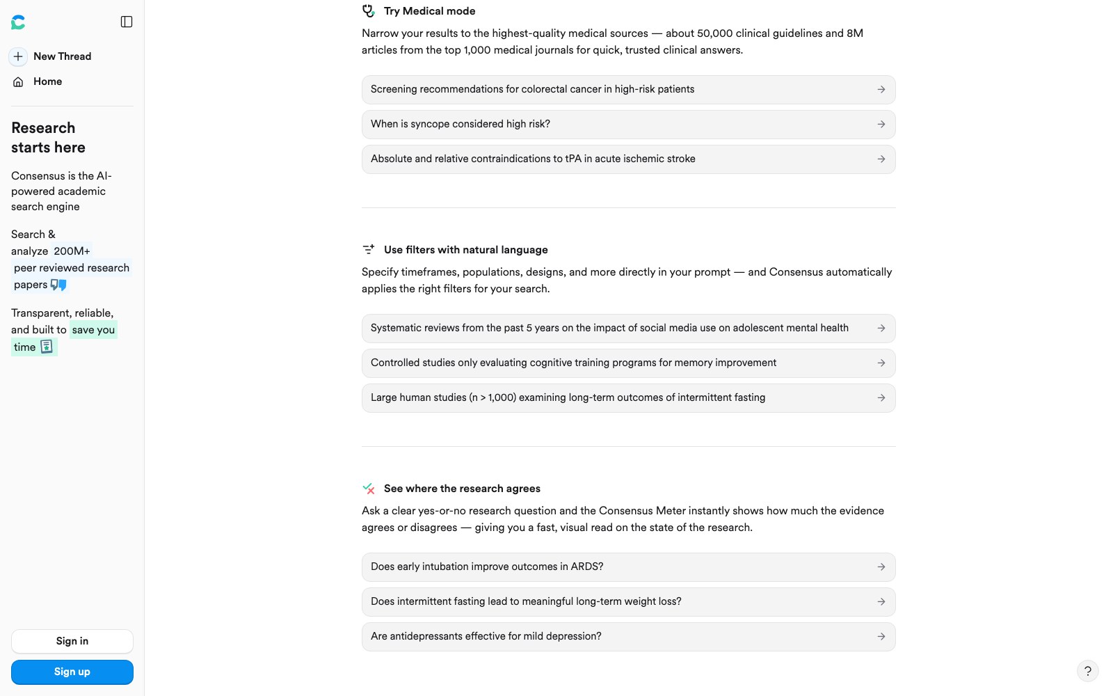 Consensus homepage screenshot
