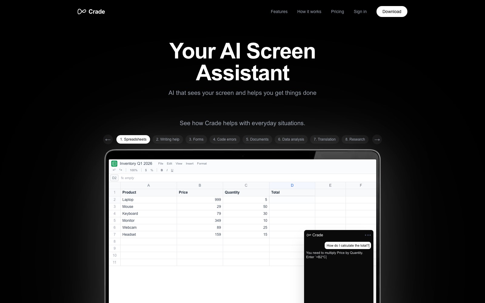 Crade homepage screenshot