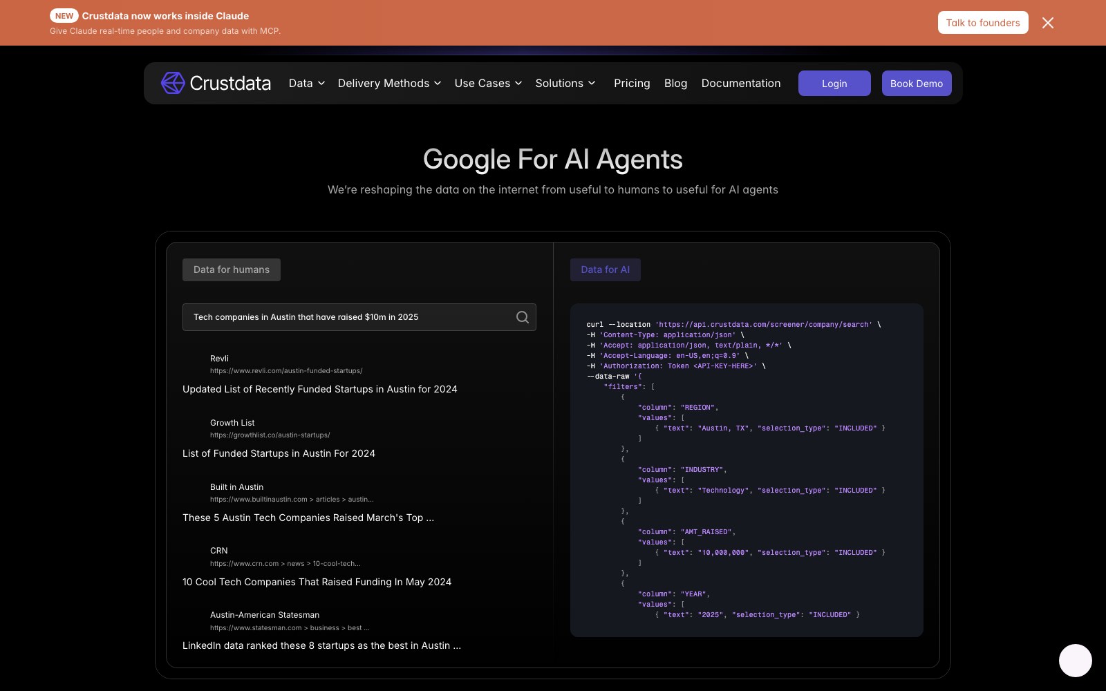 Crustdata homepage screenshot