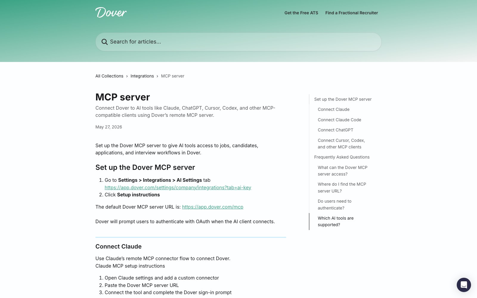 Dover MCP homepage screenshot