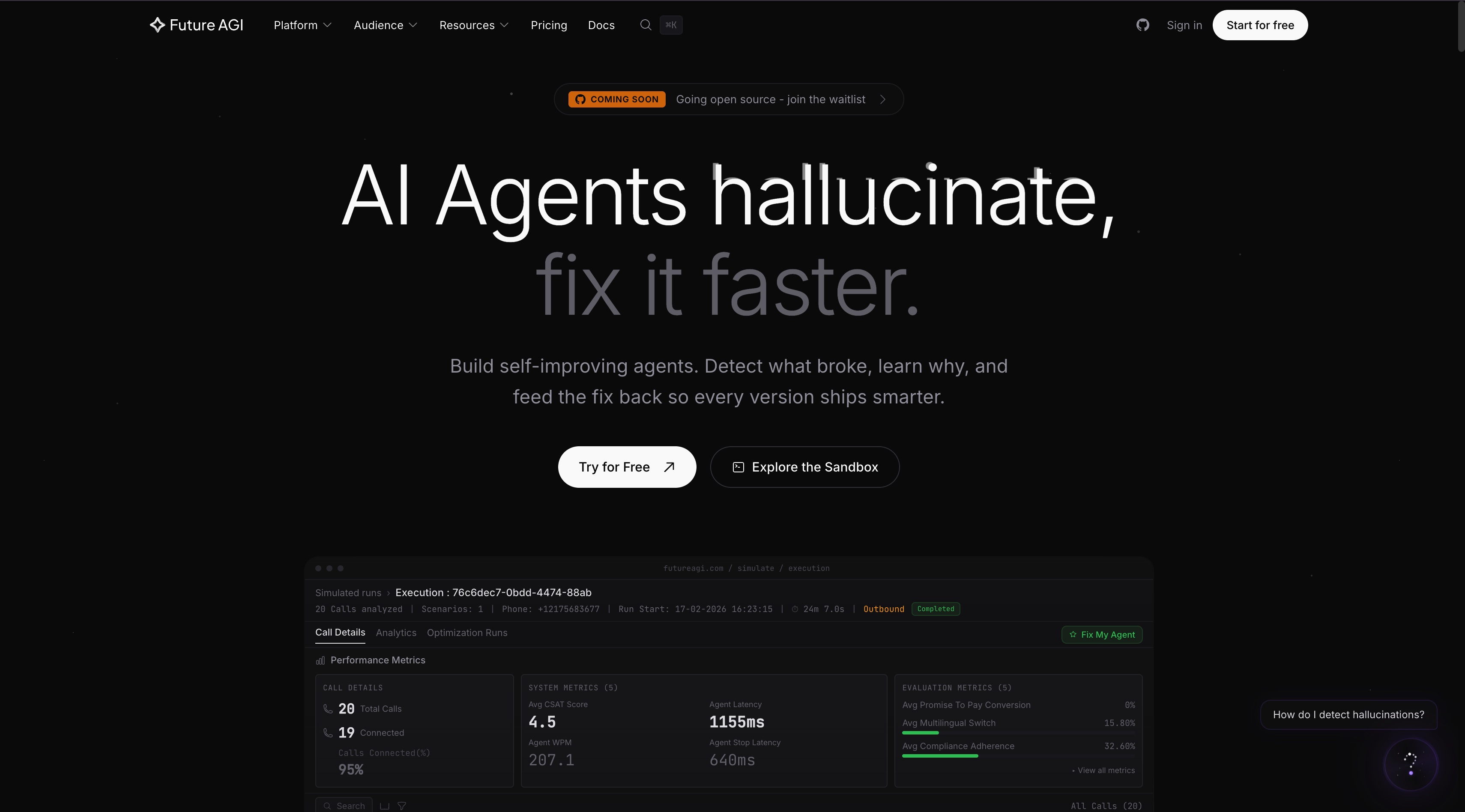 Future AGI homepage screenshot