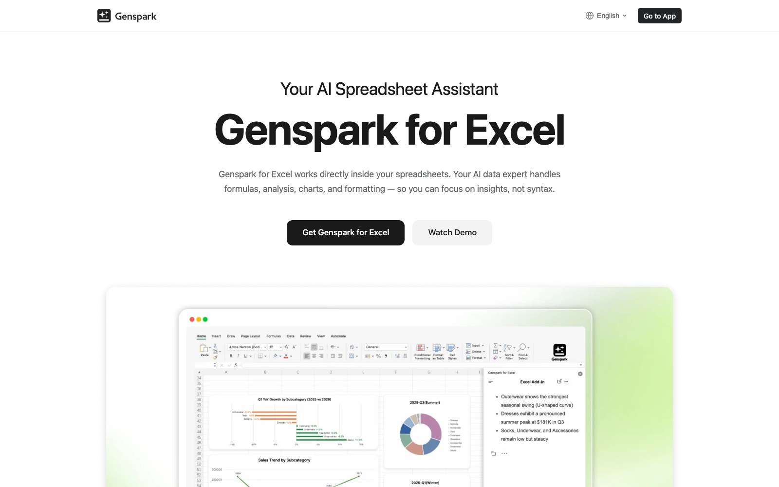 Genspark for Excel homepage screenshot