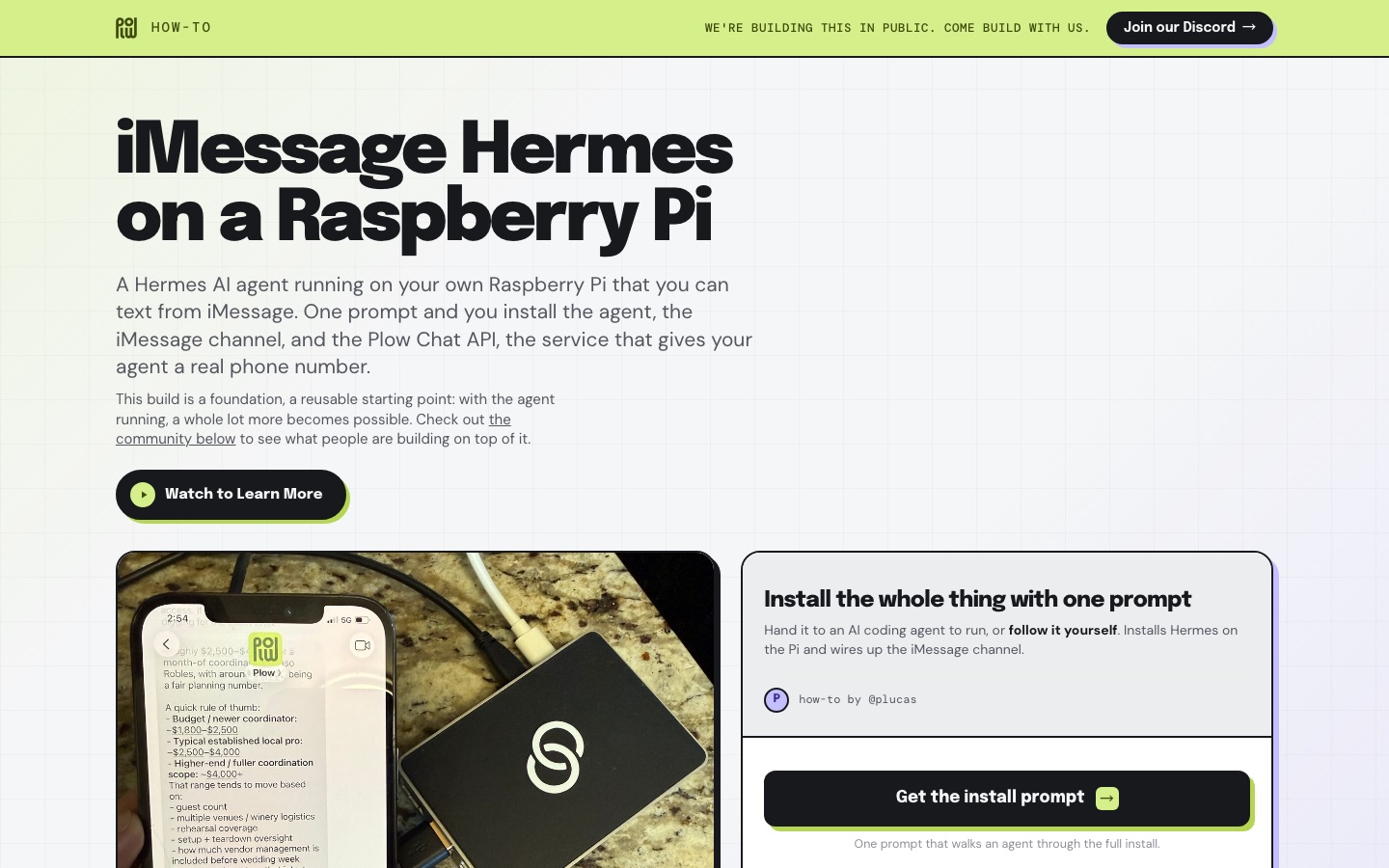 iMessage Hermes on a Raspberry Pi homepage screenshot