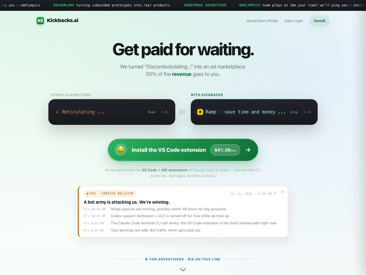 Kickbacks.ai homepage screenshot