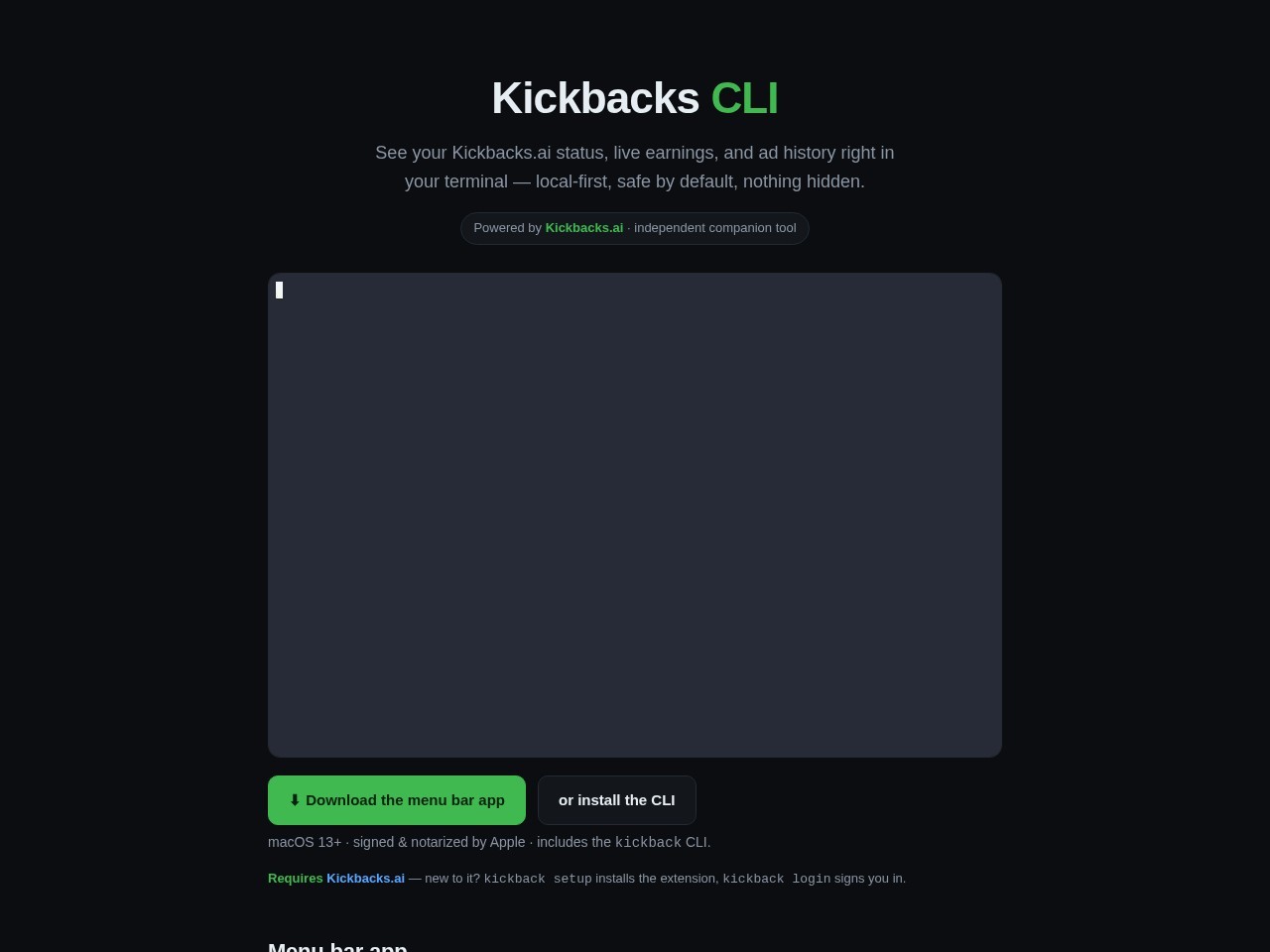 Kickbacks CLI homepage screenshot