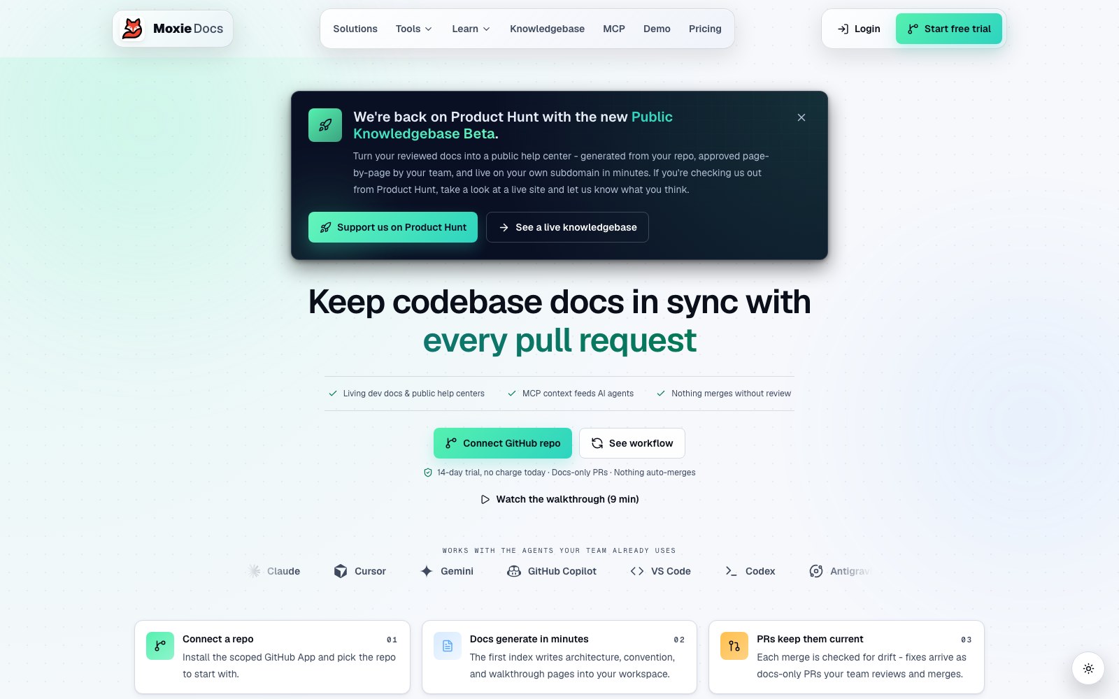 Moxie Docs: Knowledgebases homepage screenshot