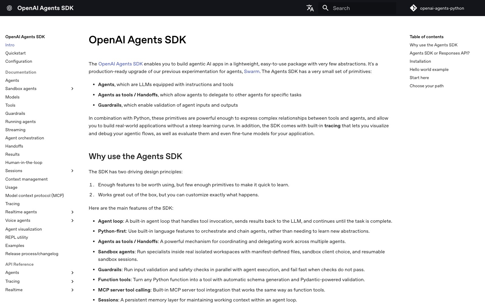 OpenAI Agents SDK homepage screenshot