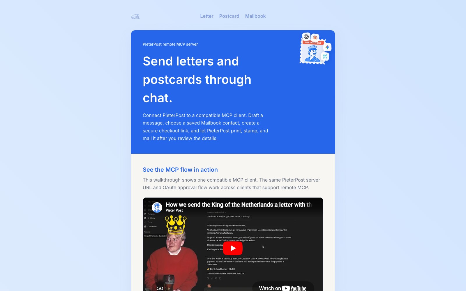 PieterPost MCP homepage screenshot