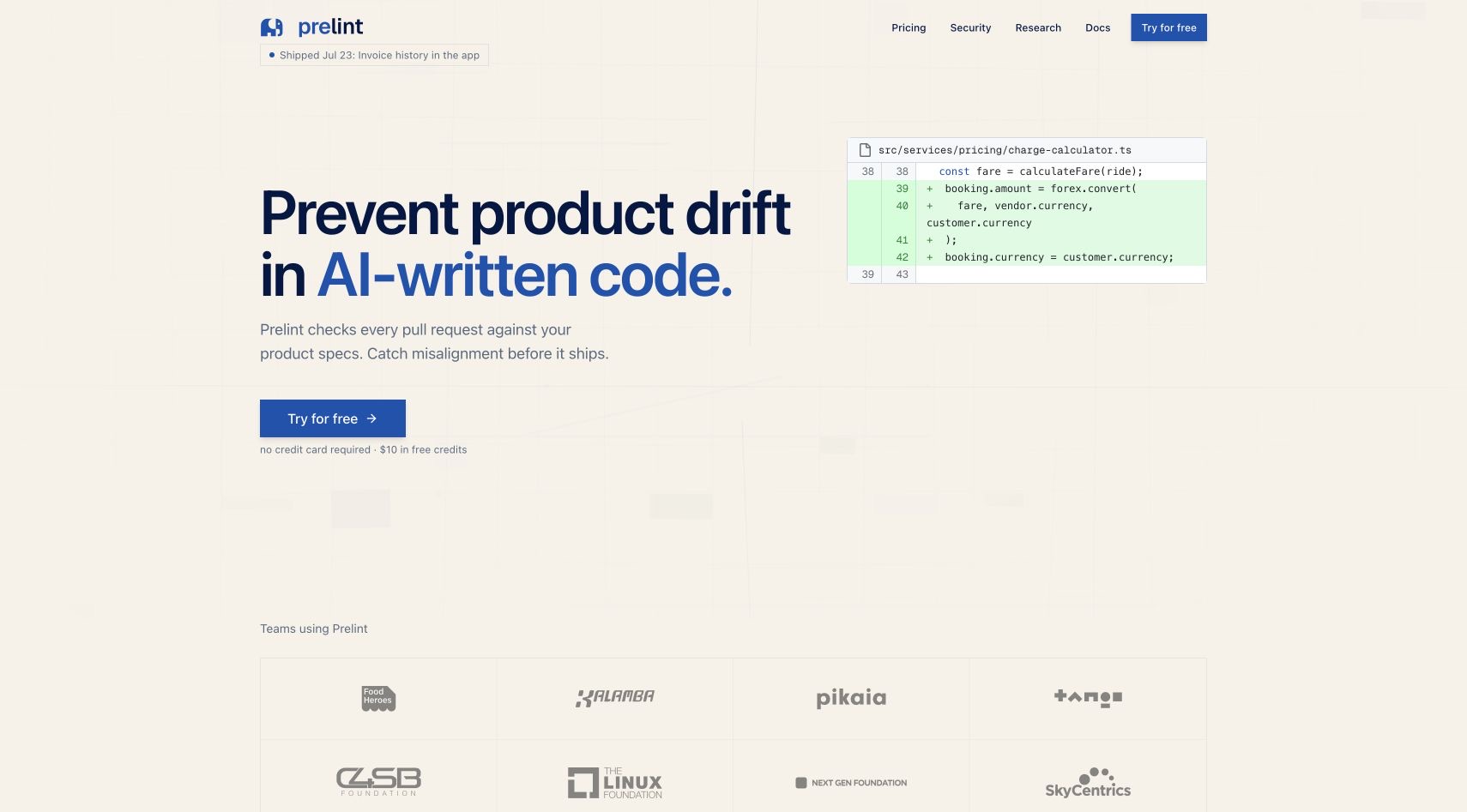 Prelint homepage screenshot