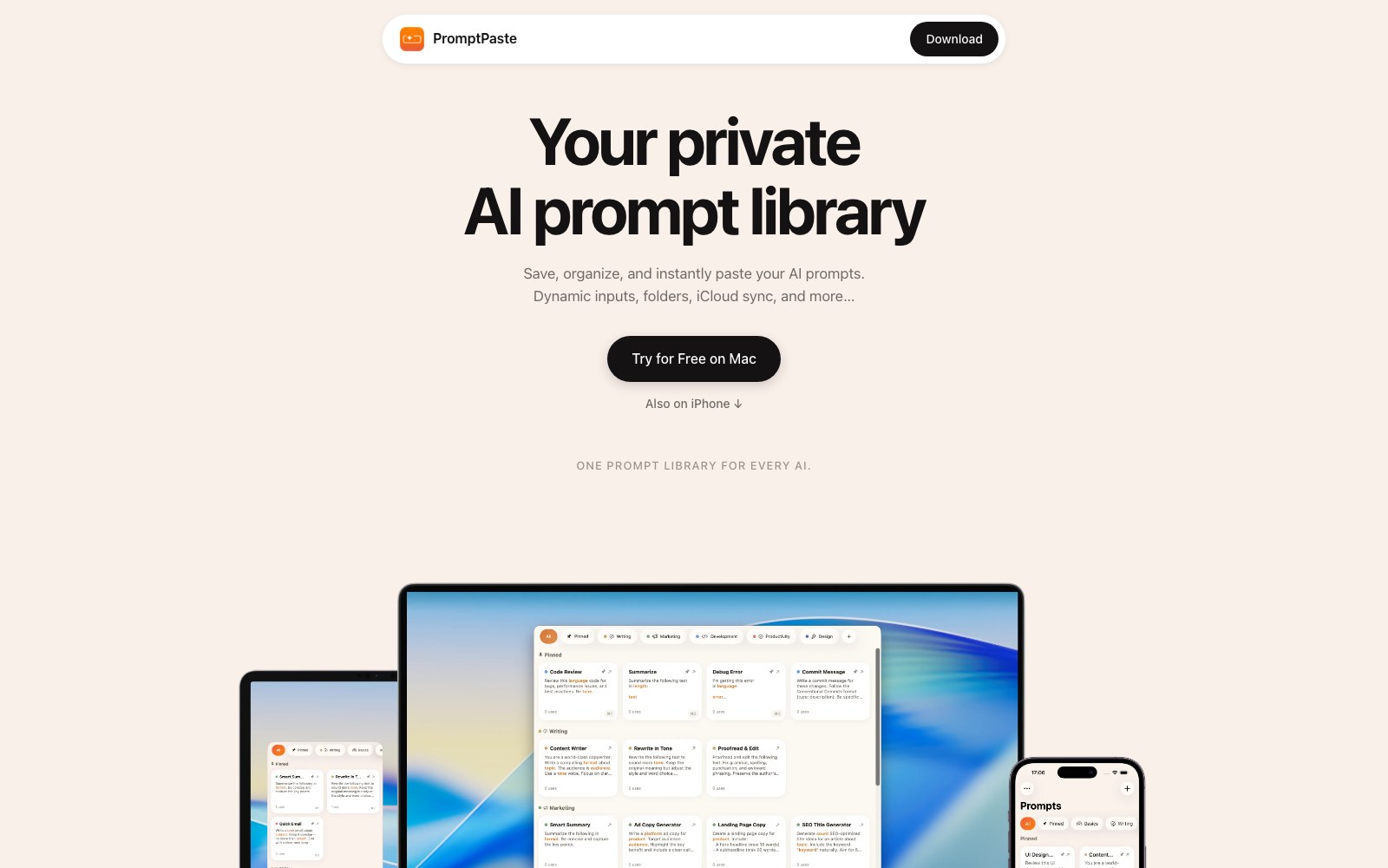 PromptPaste homepage screenshot
