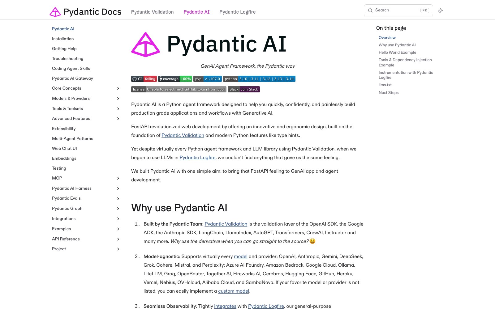 Pydantic AI homepage screenshot