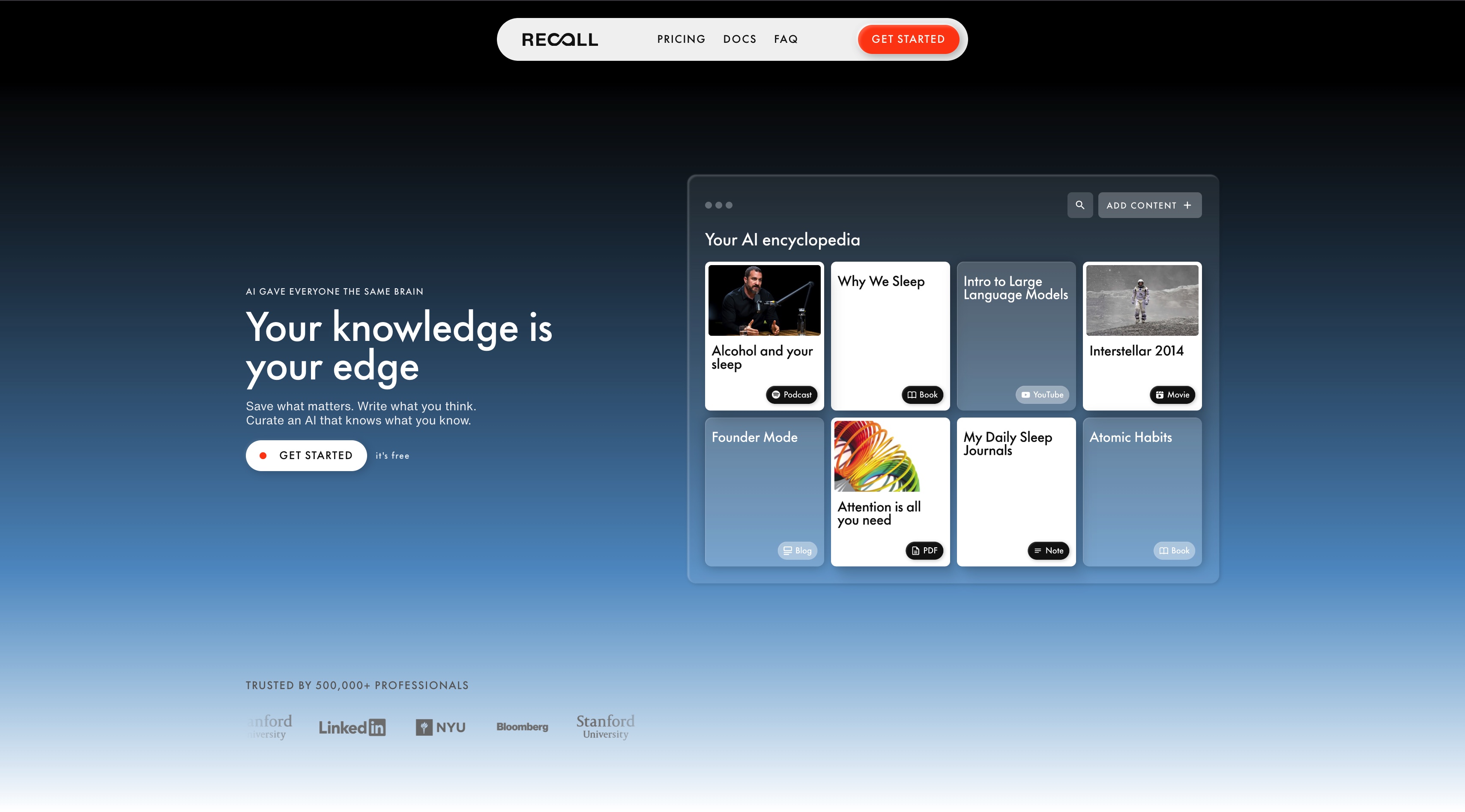 Recall 2.0 homepage screenshot