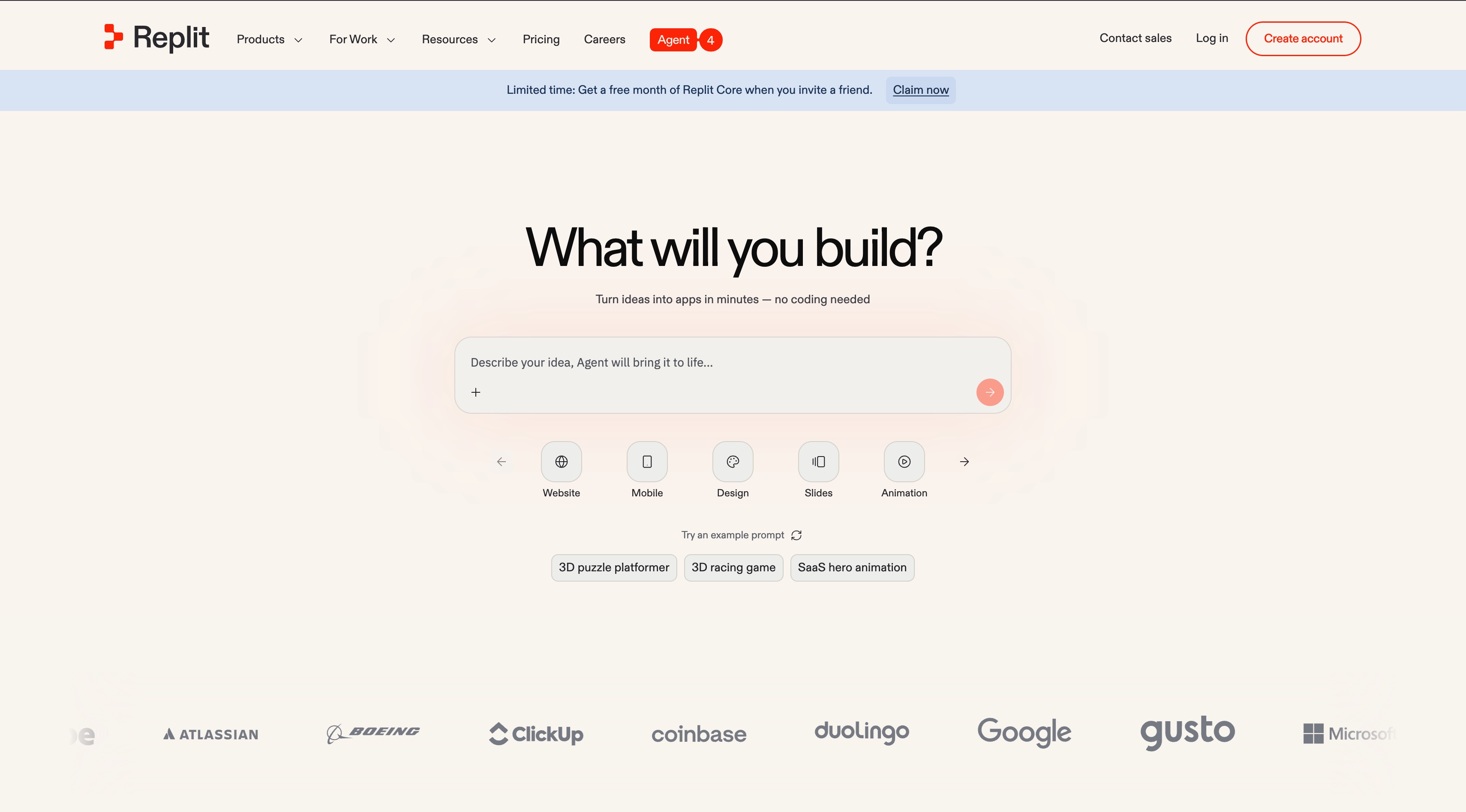 Replit AI homepage screenshot
