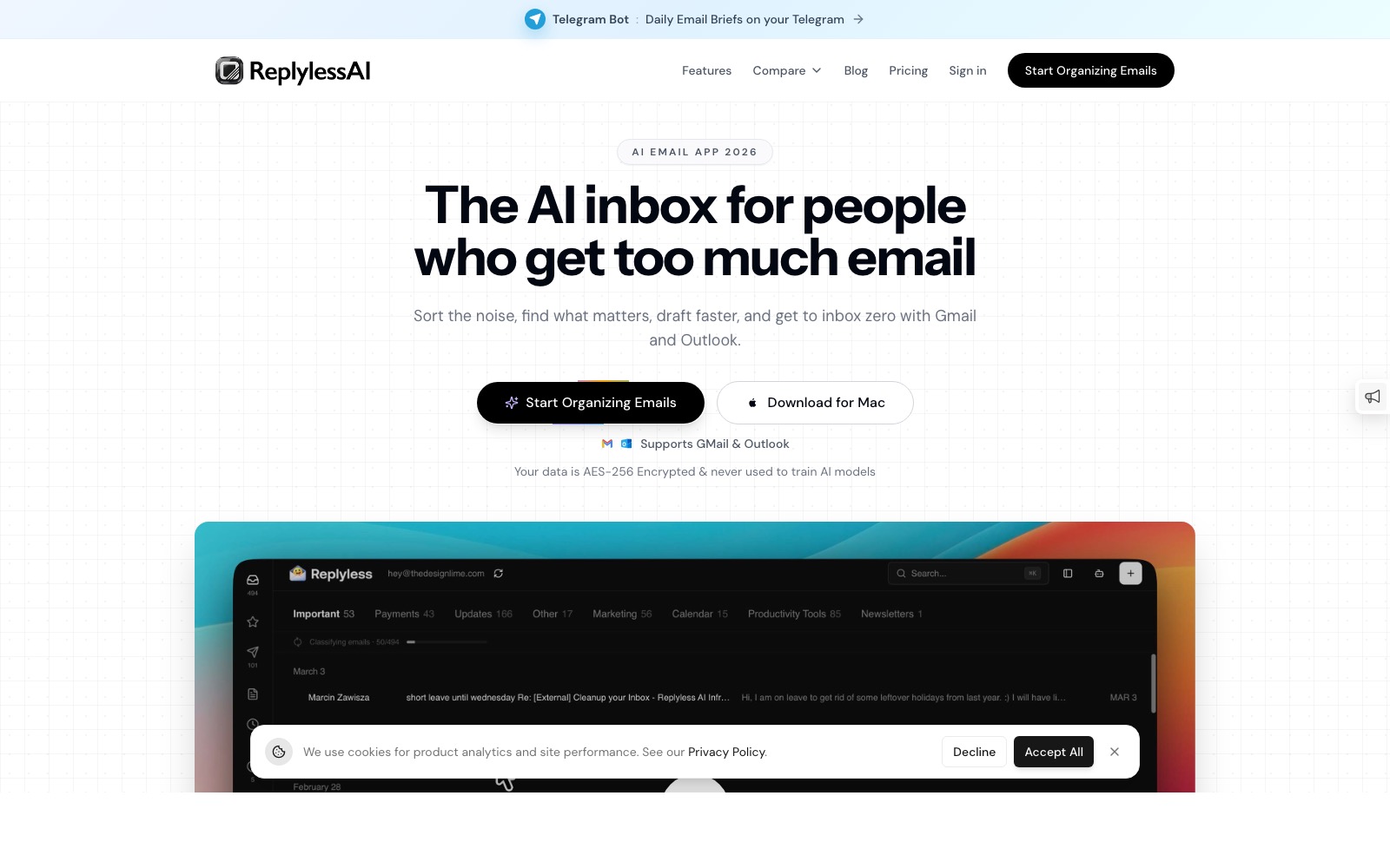 ReplyLessAI homepage screenshot