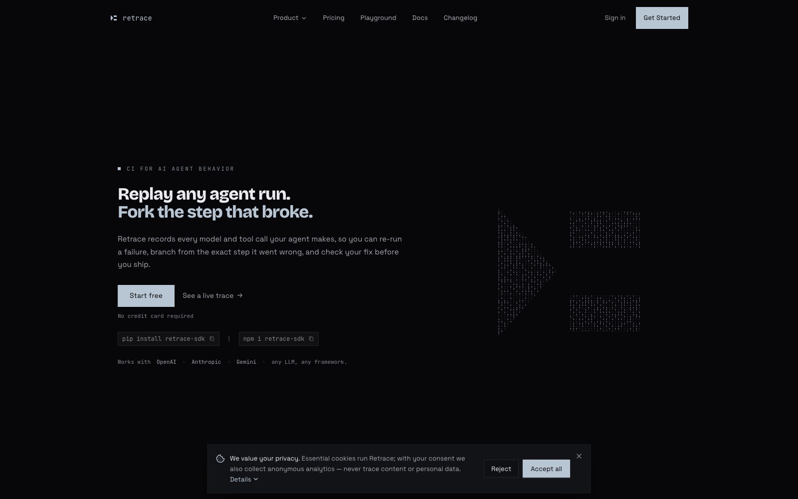 Retrace homepage screenshot