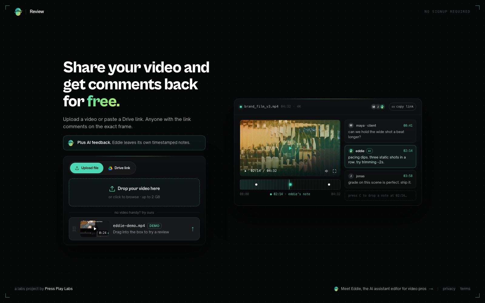 Review by Eddie AI homepage screenshot