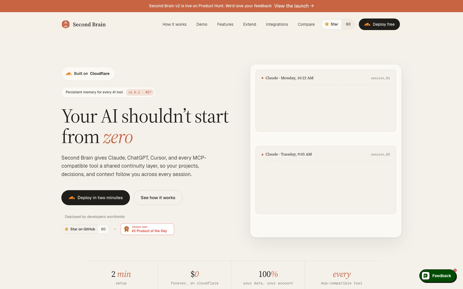 Second Brain for AI v2 homepage screenshot