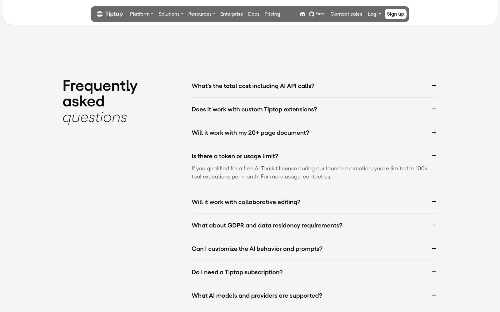 Tiptap AI Toolkit homepage screenshot