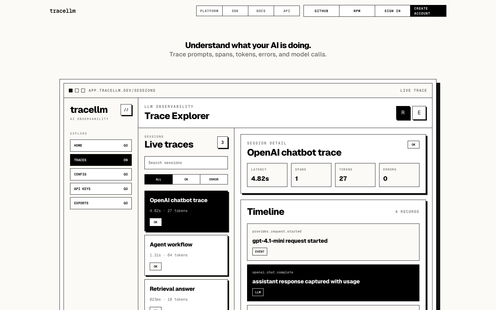 TraceLLM homepage screenshot