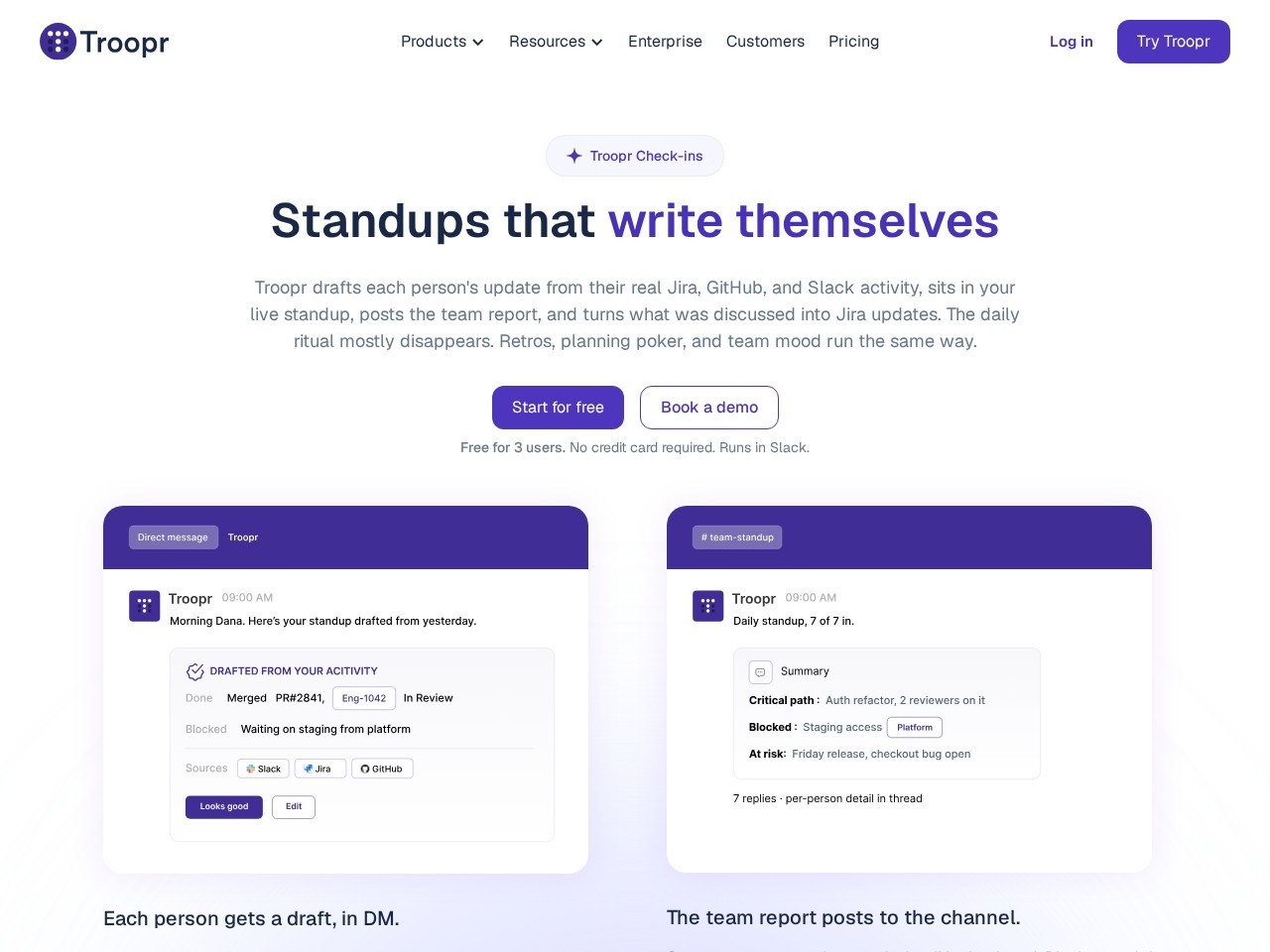 Troopr AI Scrum Master homepage screenshot