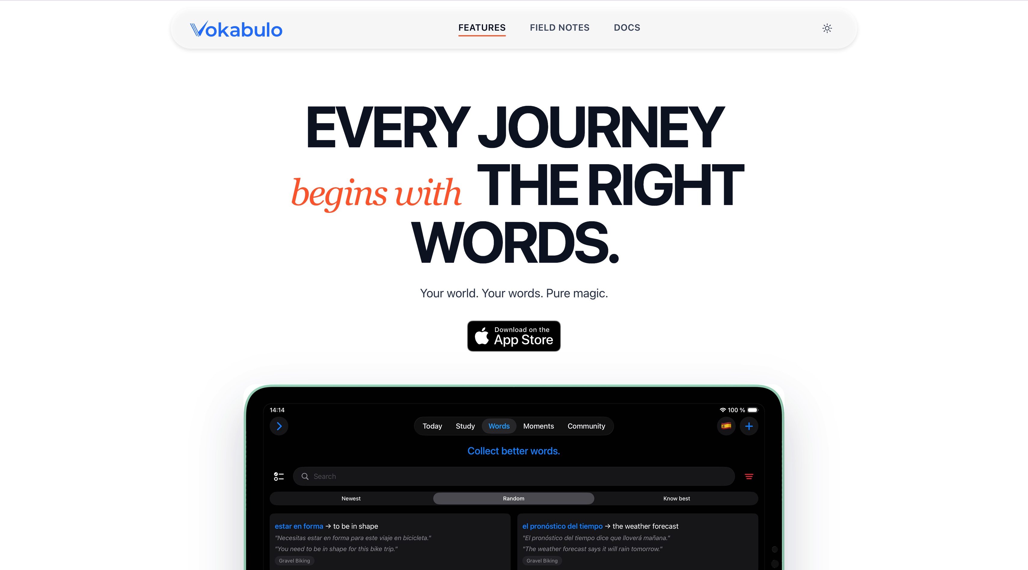 Vokabulo homepage screenshot