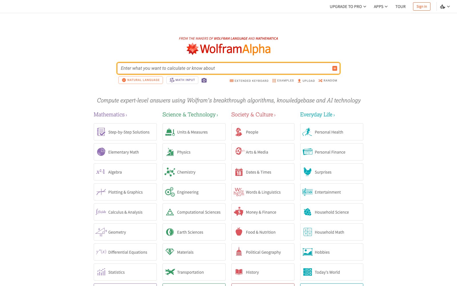 Wolfram Alpha homepage screenshot