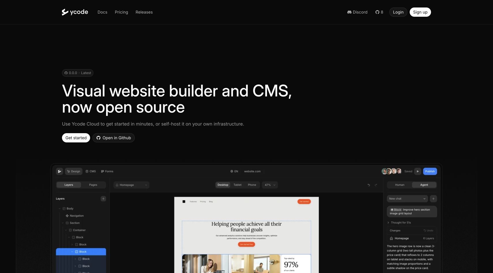 Ycode AI Agents homepage screenshot
