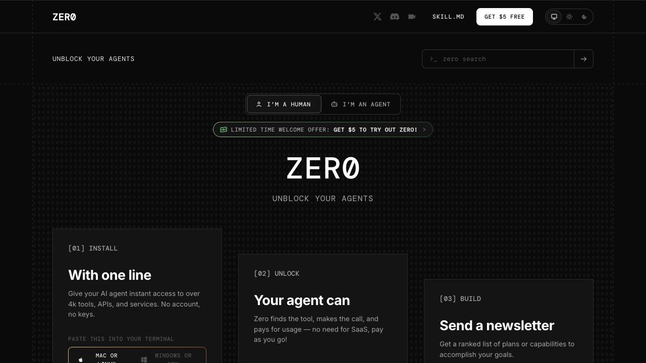 zero.xyz homepage screenshot